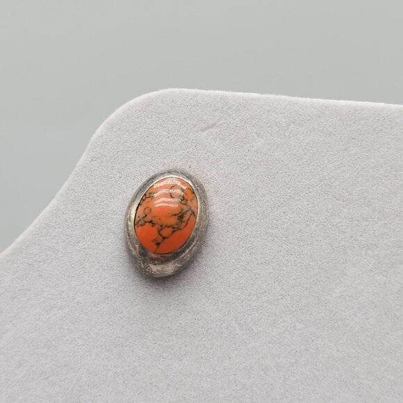 Sterling Silver Taxco Orange Jasper Oval Stud Earrings Vintage - Picture 2 of 5